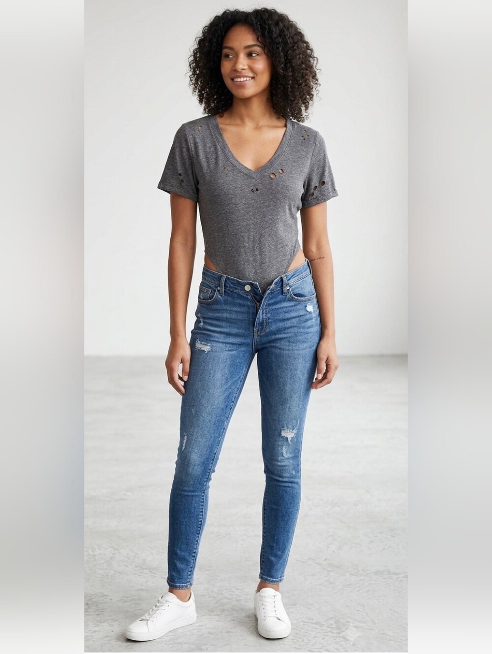 Ransom Women's Gray Distressed Short Sleeve Bodysuit Size XL